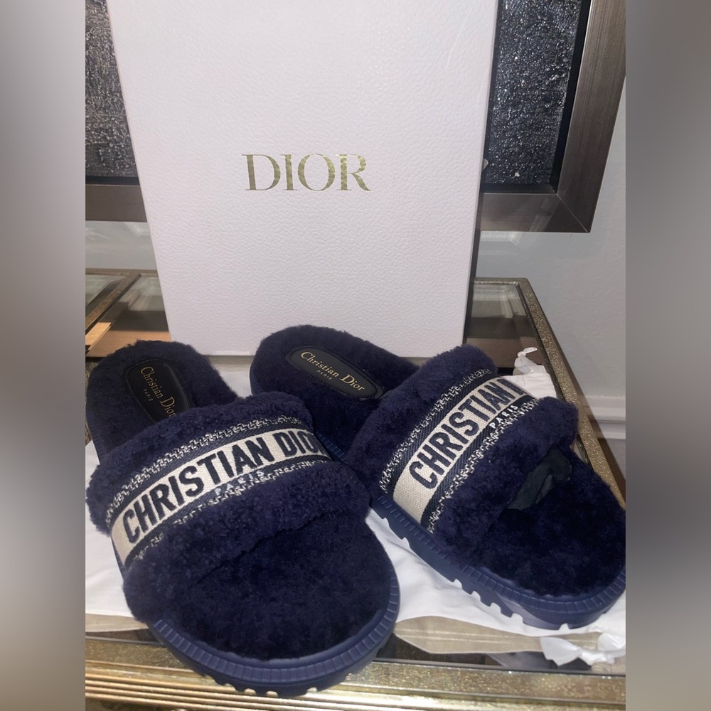 Christian Dior Dway Blue Shearling Fur Logo Chunky Slide Flat Sandal
